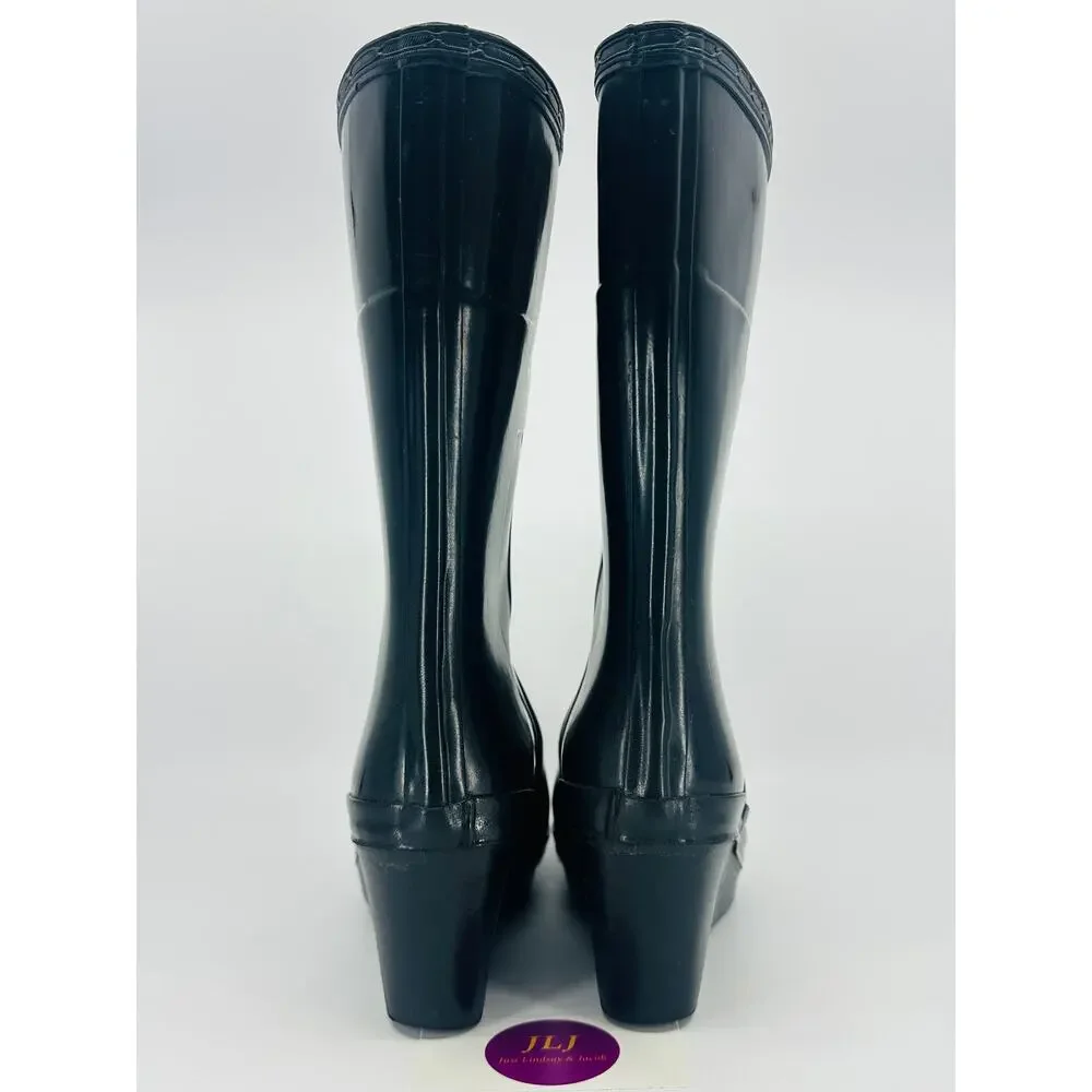 Hunter Women's Kellan Mid Black Glossy Rubber Wedge Rain Boots Size 8 SEE PHOTOS